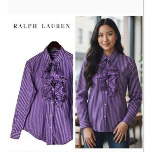 Lauren Ralph Lauren Shirt Large Purple Striped Button-Up Shirt Ruffle Academia
